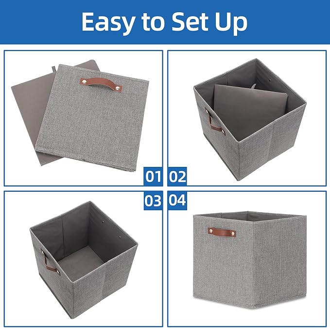 Temary Fabric Storage Cubes - 13 x 13 Collapsible Bins with Handles for Home Organization (Gray) - Image 7