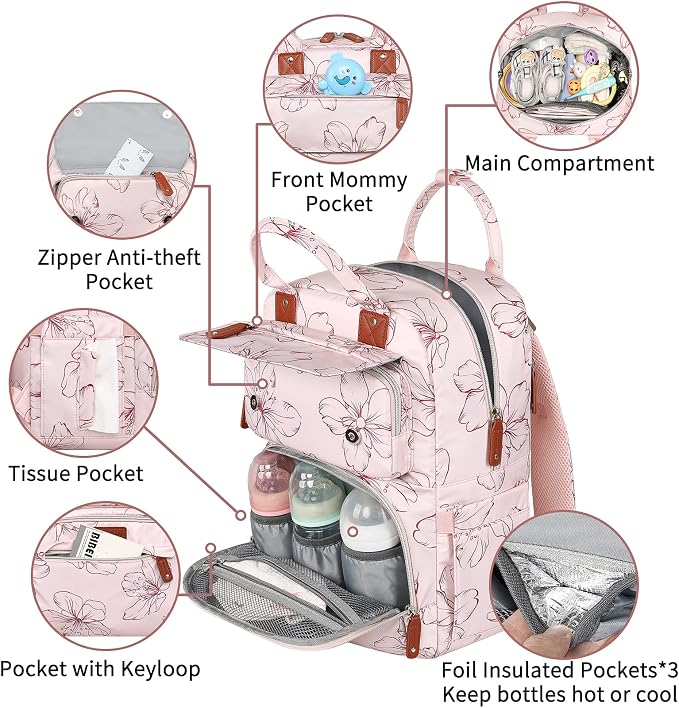 Diaper Bag Backpack, Baby Girl Diaper Bag for Mom, Large Pink Floral Diaper Bag Backpack for Girls, Waterproof Mom Backpack for Work Travel Holiday with Insulated Pockets and Stroller Straps - Image 4