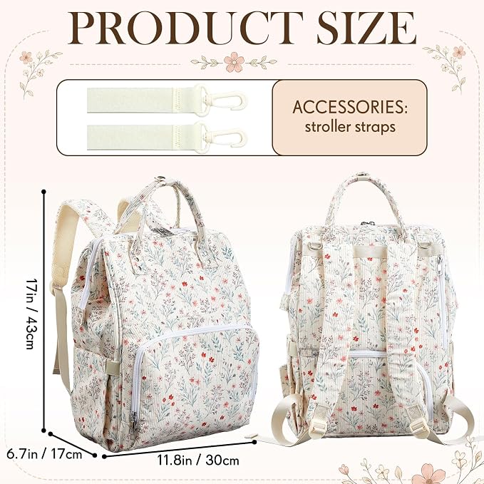 Light White Corduroy Floral Diaper Bag Backpack for Mom Large Capacity Multifunction Travel Backpack for Women, Cute Diaper Bag - Image 2