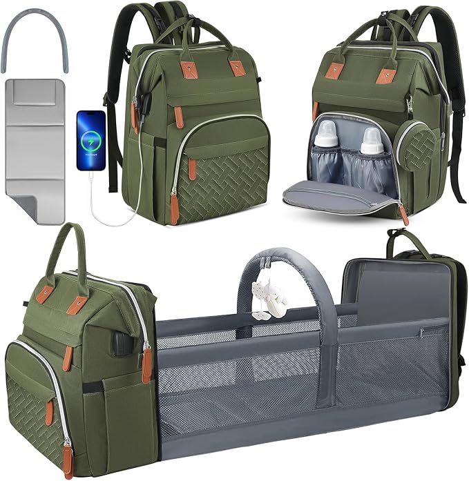 Diaper Bag Backpack for New Parents, Large Capacity Baby Travel Bag with Bottle Holders, Multiple Compartments (Green) by Wurzfolk