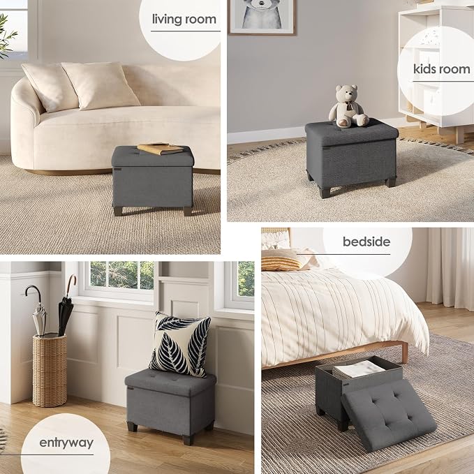 Storage Ottoman Cube with Small Bin, 16-in Square Ottoman with Storage for Living Room and Bedroom, Small Ottomans Foot Rest, Fabric Foot Stools Ottomans Max 330lbs, Grey - Image 4