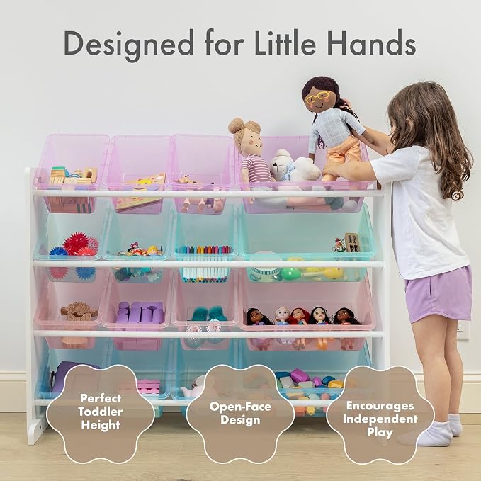 Humble Crew Kids Toy Organizer with 16 Bins, 4 Tier Storage for Playroom | Sturdy wood and steel toddler shelf, removable BPA-free containers, wall anchor anti-tip safety kit for bedroom or classroom - Image 2