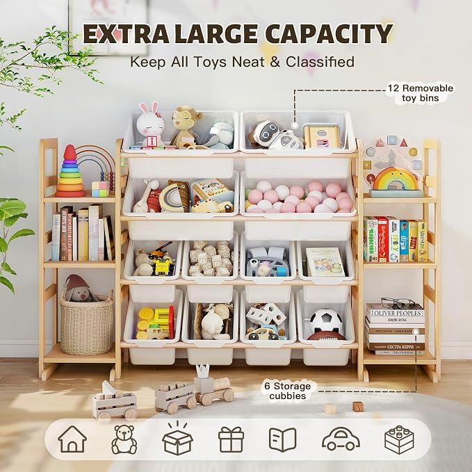 Wooden Toy Storage Organizer with 6 Shelves and 12 Bins, Toy Organizer Storage Kids Bookshelf, Toy Shelf for Playroom, Nursery, and Bedroom - Image 3