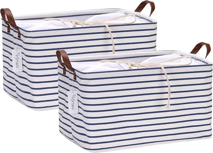 Hinwo 31L Large Canvas Storage Bin with Lid and Handles, 2-Pack | Collapsible Fabric Baskets, Closet Shelf Organizers, Containers for Clothing, Blankets, Toys, Bedding (Navy Stripe) by Hinwo