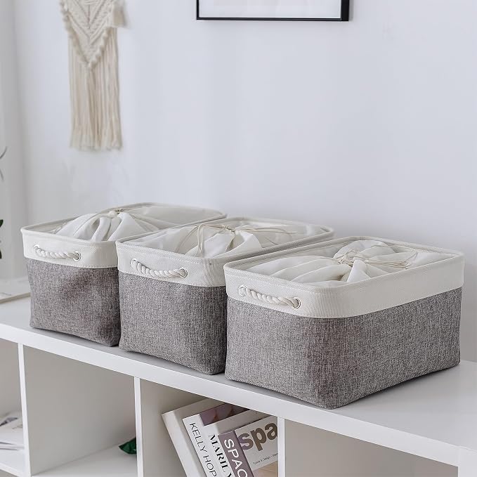 Storage Baskets for Organizing, X Large - 3 Pack 17.7L×13.8W×9.8H in Foldable Storage Bins for Shelves, Fabric Storage Box for Closet Nursery Toy Gift (White & Grey) - Image 2