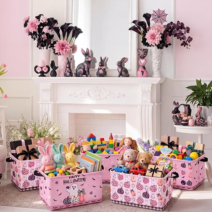 CHENGU 6 Pcs Halloween Storage Bin Collapsible Pink Ghost Basket for Gifts Spooky Pumpkin Decor Large Halloween Basket Farmhouse Foldable Bat Box with Handle for Nursery Bedroom Office Home Party - Image 5
