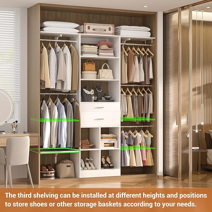 5FT Small Closet System, Baby Closet Organizer System with Wooden Drawers, 60 Inches Walk In Closet System With 5 Hanging Rods and 3 Reversible Hanging Shelving, White - Image 6