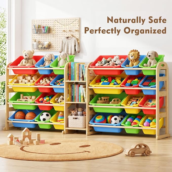 Large Wooden Toy Storage Organizer, 62" W Colorful 3-Shelf Bookcase/Bookshelf with 24 Toy Bins, Large Toy Organizers and Storage, Toy Box for Playrooms, Bedrooms Organization - Image 3