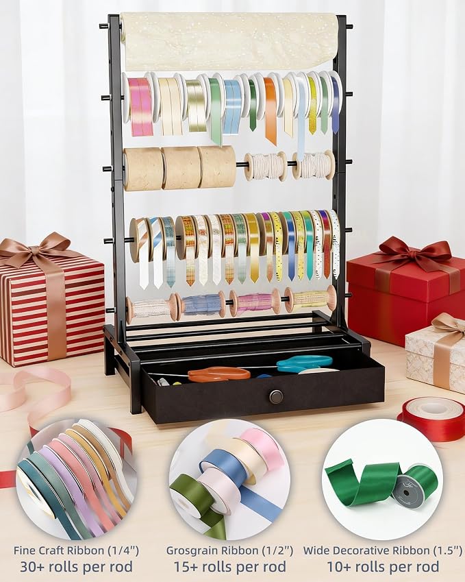 Ribbon Organizer with Fabric Drawer, Adjustable 5-Tier Ribbon Holder Rack | Stores Gift Wrap Ribbons, Craft Supplies, and Wrapping Tools with a Stable Metal Design for Easy Organization - Image 5