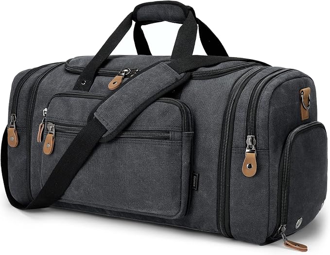 Gonex Canvas Duffle Bag, Expandable 60L Travel Overnight Weekender Bag | for Men, with Shoe Compartment, Multiple Pockets, Tear-Resistant, Durable Zippers, Detachable Strap, Dark Gray by Gonex