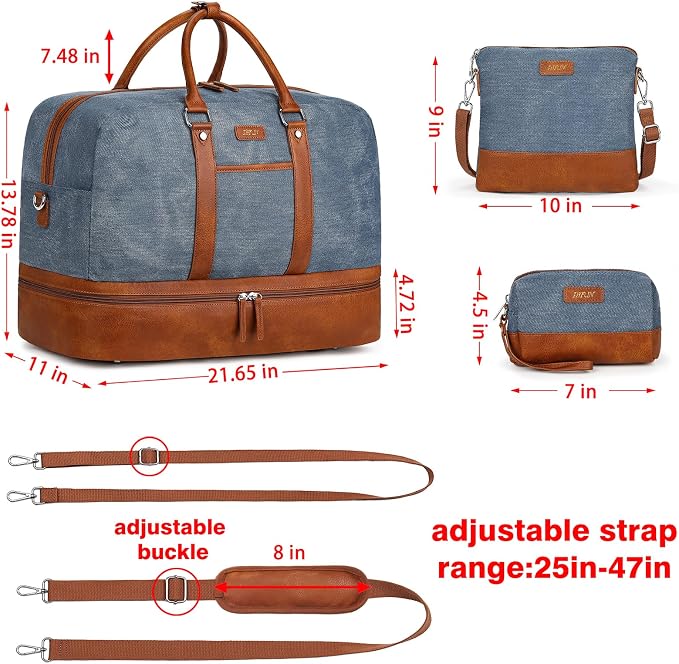 Weekender Bag for Women, Large Overnight Bag Canvas Travel Duffel Bag Carry On Tote with Shoe Compartment 21" 3Pcs Set - Image 4