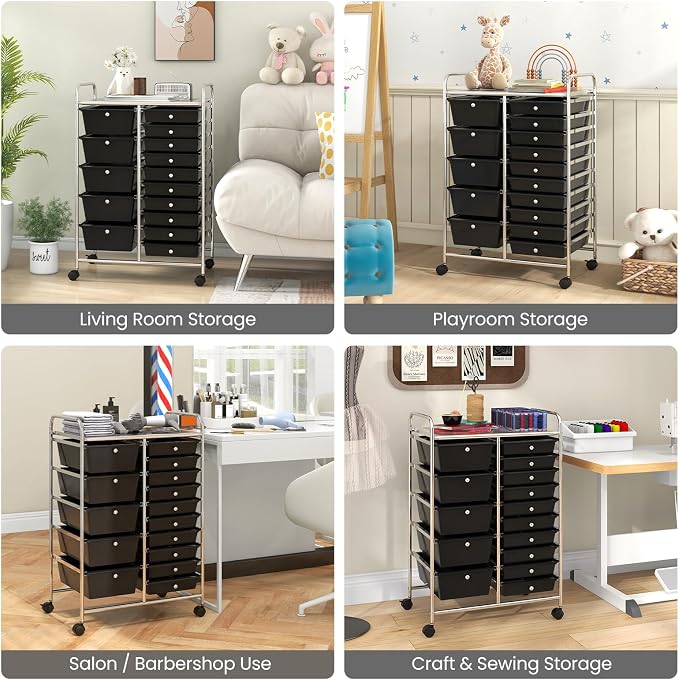 Giantex 15 Drawer Rolling Storage Cart Tools Scrapbook Paper Office School Organizer, Black - Image 4