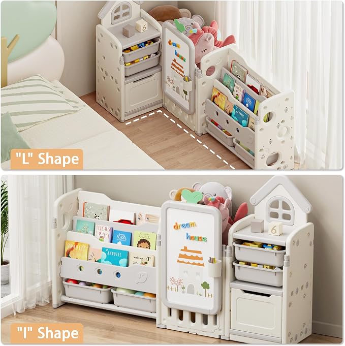Kids Toy Storage Organizer with 10 Removable Bins, Foldable Toy Organizers and Storage with 3-Tier Bookshelf for Kids Toy Storage Organizer with Drawing Board, Extra 3 Brushes (3 In 1 Off-white) - Image 8