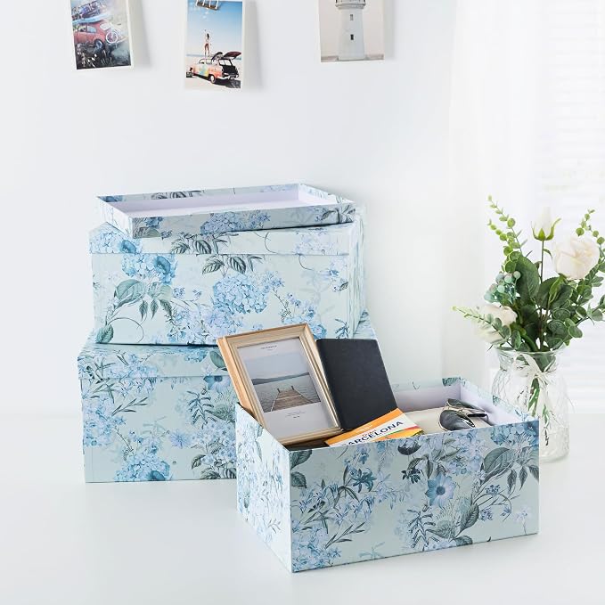 Soul & Lane - Springtime Joy Decorative Storage Boxes with Lids, Set of 3 | Large Nesting Keepsake Boxes for Memories, Photos and Gifts, Sturdy Blue Hydrangea Flowered Containers for Home Decor - Image 4