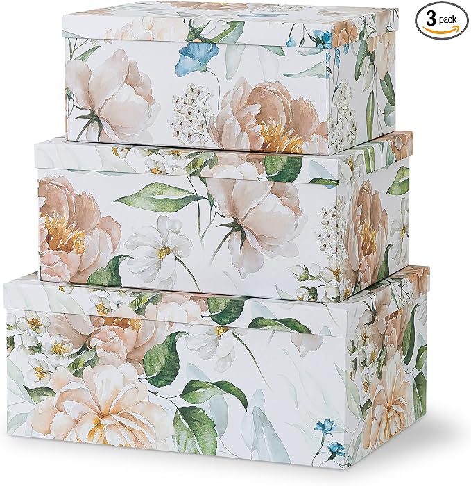 Soul & Lane - Floral Revival Decorative Storage Boxes with Lids, Set of 3 | Large Nesting Cardboard Keepsake Boxes for Memories, Photos and Gifts, Pretty Decorated Floral Containers for Organizing by SoulLane