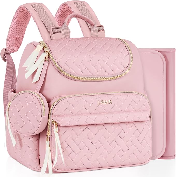 Small Diaper Bag, 22L Stylish Baby Mini Maternity Travel Backpack | with Changing Pad, Pacifier Bag, Stroller Straps Parents Essentials for Outdoor Trip Hospital & Daily Work, Pink by LASUK
