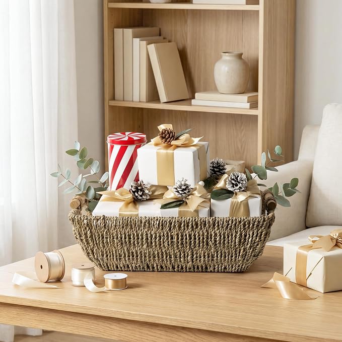 StorageWorks Hand-Woven Jumbo Storage Baskets with Wooden Handles, Seagrass Wicker Baskets for Organizing, 2-Pack | Wicker Storage Baskets for Shelves, Baskets with Wooden Handles, 2-Pack Gifts Basket for Home Decor, Hand-Woven Basket - Image 8