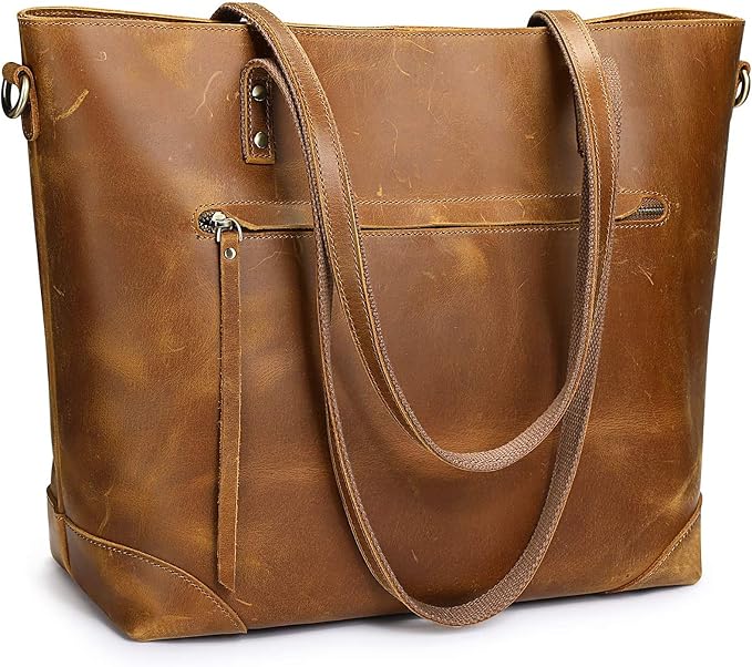 S-ZONE Vintage Genuine Leather Shoulder Bag Work Totes for Women Large | Top Grain Leather, Purse Handbag, Fits Laptop Documents, Luggage Sleeve, Multi Pockets, Work Travel Everyday by S-ZONE