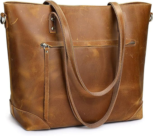 S-ZONE Vintage Genuine Leather Shoulder Bag Work Totes for Women Large | Top Grain Leather, Purse Handbag, Fits Laptop Documents, Luggage Sleeve, Multi Pockets, Work Travel Everyday by S-ZONE