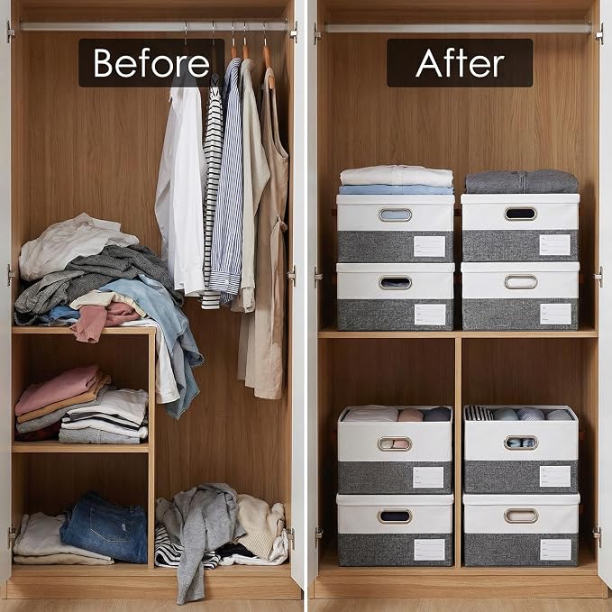 Storage Bins with Lids [3-Pack] Linen Fabric Foldable Storage Boxes Organizer Containers Baskets Cube with Cover for Bedroom Closet Office Grey&White（11.4X8.6X6.7 - Image 3