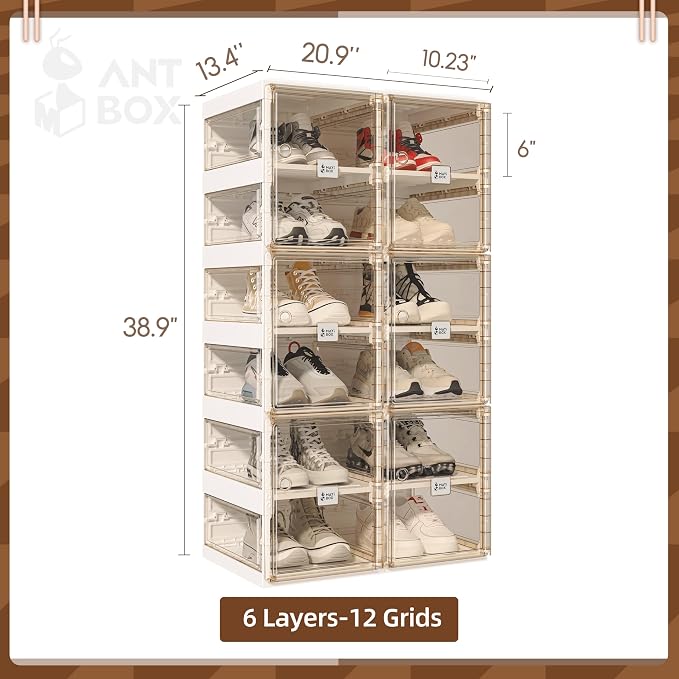 ANTBOX Foldable Shoe Rack,Shoe Organizers for Closet Plastic Shoe Storage Box For Entryway,Living Room,Large Sturdy Stackable Sneaker Cabinet Bins With Magnetic Clear Door 6 Tiers 12 Pairs - Image 3