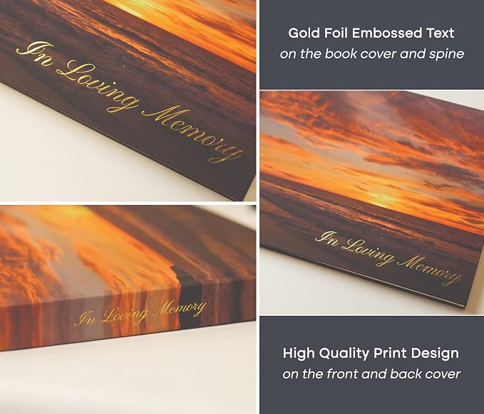 Sunset Hardcover Funeral Guest Book - 9.5 x 7 Celebration of Life Guestbook for Memorial Service with 5x7 Paper Sign, Pen, Black Photo Corner Stickers - Image 7