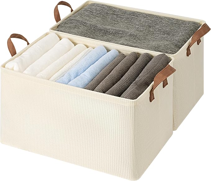 StorageWorks 45L Closet Storage Bins, Storage Baskets, Beige, 2-Pack | Extra Large, With Reinforced PU Handles, Metal Frame, Collapsible, for Shelves, Closet, Holds Clothes, Towels, Blankets by StorageWorks
