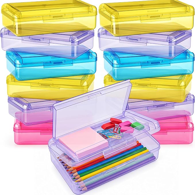 12 Pack Double Layer Large Pencil Box, Clear Plastic Hard Pencil Case with Snap Lid, School Supply Organizer Box for School Office Classroom Home Supplies(Classic Colors) - Image 8