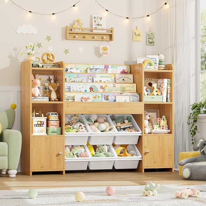 Toy Storage Organizer with 6 Toy Bins & 4 Tier Kids Bookshelf | Toy Organizer with 6 Cubbies, Kids Toy Organizers and Toy Storage with Bins, Playroom Storage and Toy Chest - Image 5