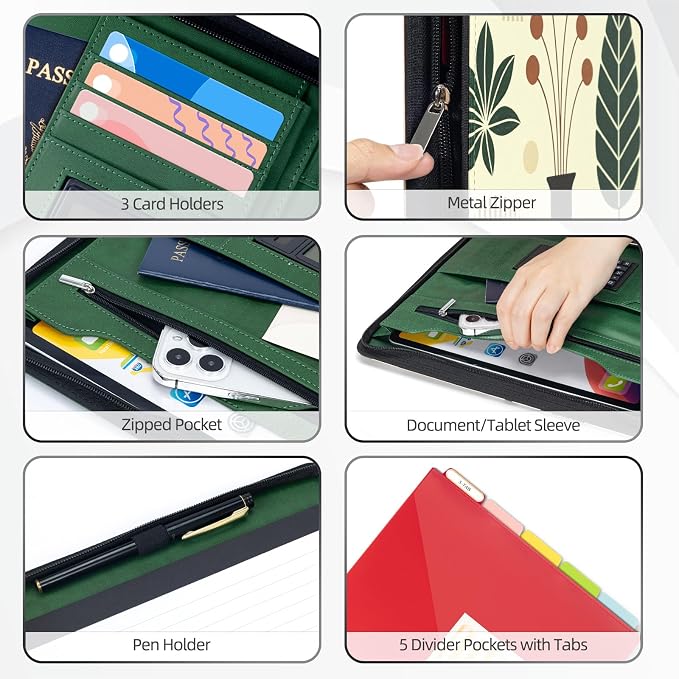 Ospelelf Vintage Leather 3 Ring Portfolio Binder, Zippered Clipboard Folder with Storage - 5 Dividers with Pocket, Padfolio for Women,12.1” Tablet Sleeve, Refillable Notepad, Card Slot - Image 4