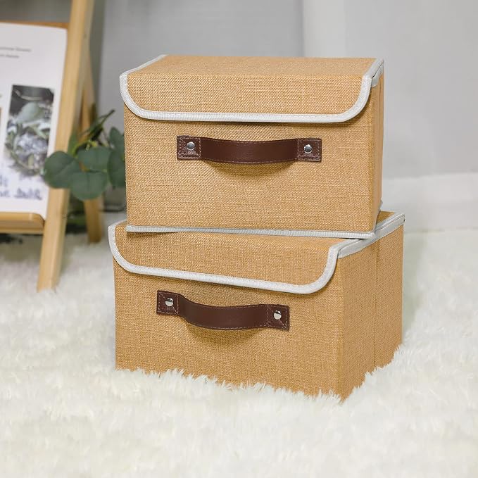 ANMINY Fabric Storage Box Bins with Lids, Khaki, 10"x8"x7", 2 Pack | Keepsake Memory Storage, Cotton Linen, PP Board Reinforced, Washable, PU Handles, Foldable & Stackable, Decorative, Small - Image 6
