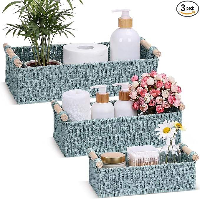 Boao 3 Pcs Boho Storage Wicker Baskets Handmade Woven Decorative Paper Rope Baskets for Organizing with Handle Countertop Toilet Paper Storage Container for Toilet Tank Top(Grey Blue,Rectangle) by Boao