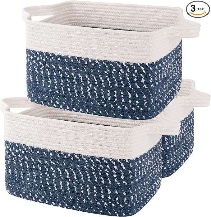 OIAHOMY Storage Basket, Woven Baskets for Storage, Cotton Rope Basket for toys,Towel Baskets for Bathroom - Pack of 3,White Blue by MasterofSpaceOptimization