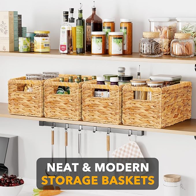 SpaceAid 4 Pack Wicker Basket, Storage Baskets for Organizing, Woven Rattan Basket with Handles for Shelves, Water Hyacinth Large Cube Organizer Storage Bin, 13x8.2x7 inch, Natural - Image 2