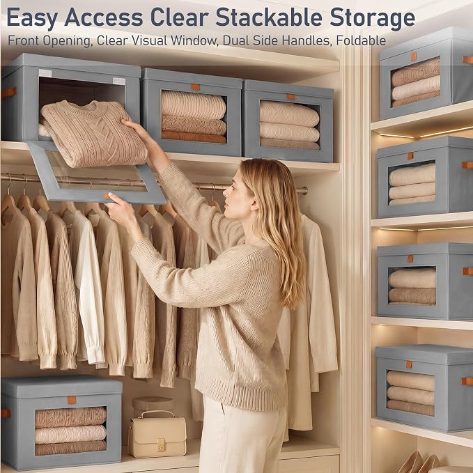 DIMJ Storage Bins with Lids - 6 Pack Front Opening Stackable Fabric Storage Boxes with Clear Window & Handles, Collapsible Closet Organizers for Clothes, Sweaters, Shelf Storage, Bedroom, Gray - Image 2