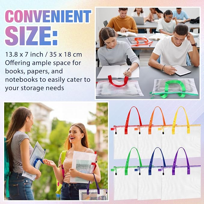 Reginary 24 Pcs Mesh Zipper Pouch File Bags with Handle Bulk A4 11 x 13.8 Inch Zipper Mesh Document Pouch Artwork Storage Organize for Office School Supplies Paintings Puzzle Travel Storage(Colorful) - Image 4