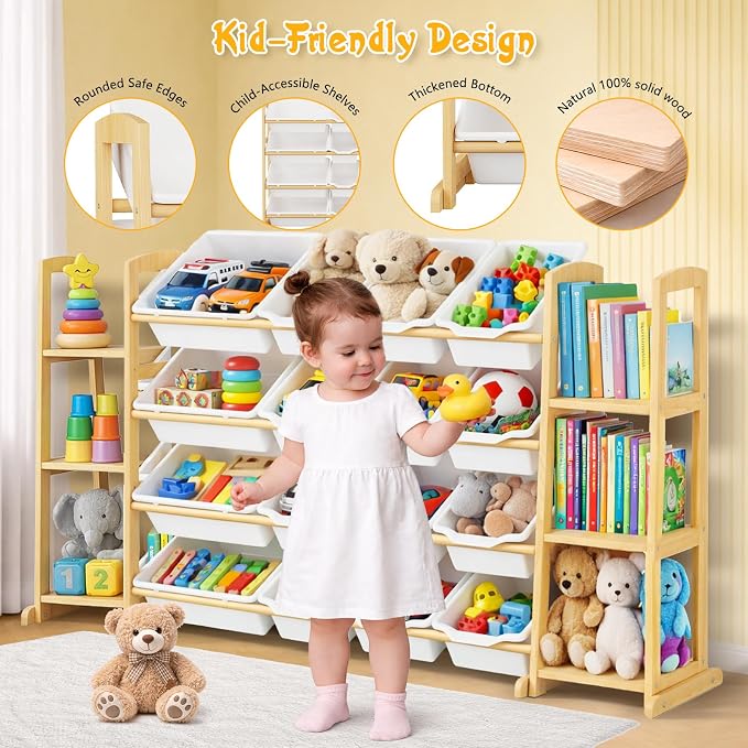 Kids Toy Storage Organizer with Bookshelf – Wooden Shelf with 16 Bins & 6 Shelves, Quick Assembly Storage Rack for Playroom, Bedroom, Nursery - White - Image 3