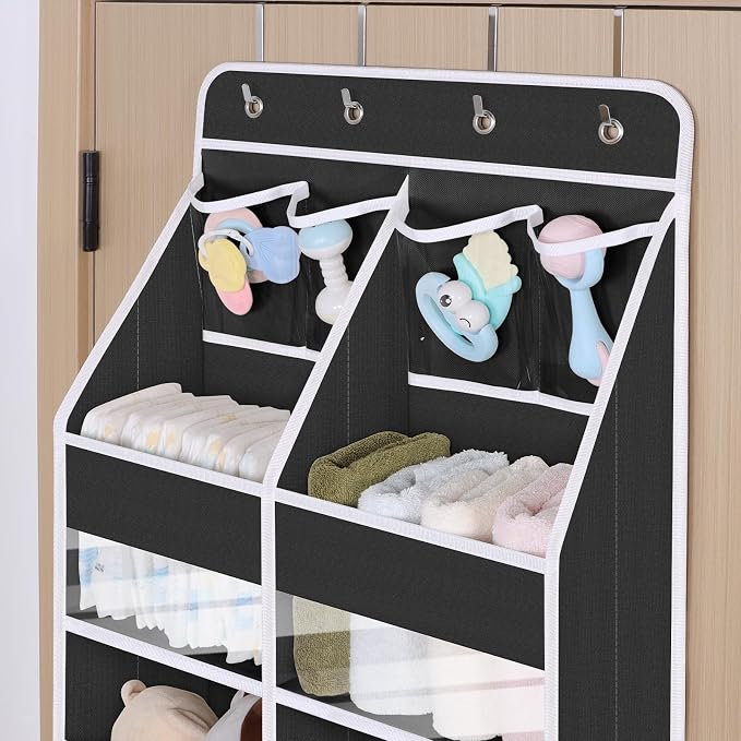 Univivi Upgraded Over the Door Organizer for Baby Nursery, Black, 5-Shelf | Fabric Door Organizer with Clear Window Deep Pockets, Over Door Hanging Organizer for Baby Essential, Bedroom, and Dorm - Image 4