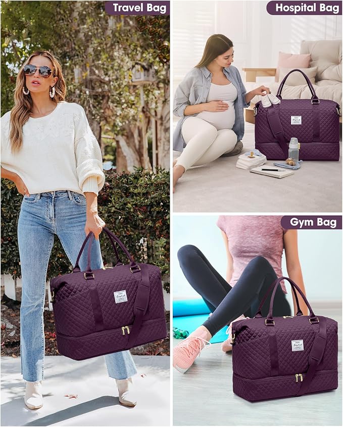 Women Weekender Travel Duffle Bag: Travel Duffel Overnight Bags with Shoe Compartment Carry on Tote Bag Toiletry Bag Weekend Yoga Gym Hospital Bags for Labor and Delivery with Wet Pocket Dark Purple - Image 8