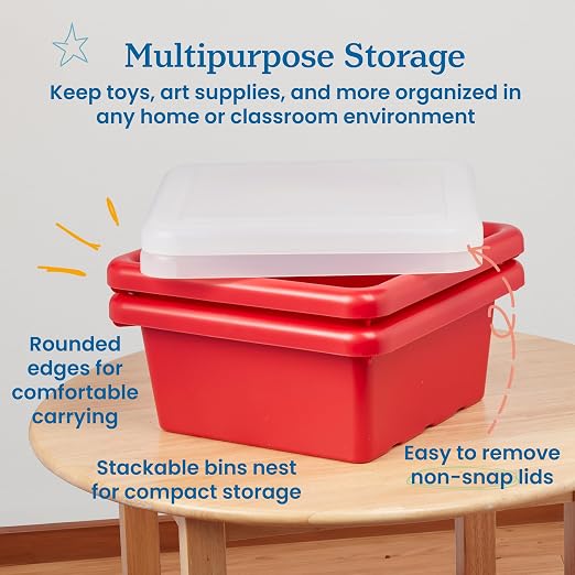ECR4Kids Stackable Square Bins with Non-Snap Lids, Multipurpose Organization, Red, 2-Pack - Image 4