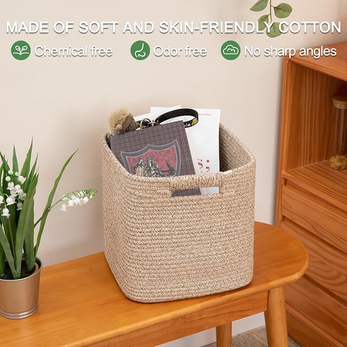 OIAHOMY Storage Cubes 11 Inch Storage Bins-3-Pack, Cotton Rope Woven Baskets for Organizing, Square Storage Baskets for Shelves Organizer, Classroom, Kids Toy Bins, Closet, Baby Nursery-Brown - Image 5