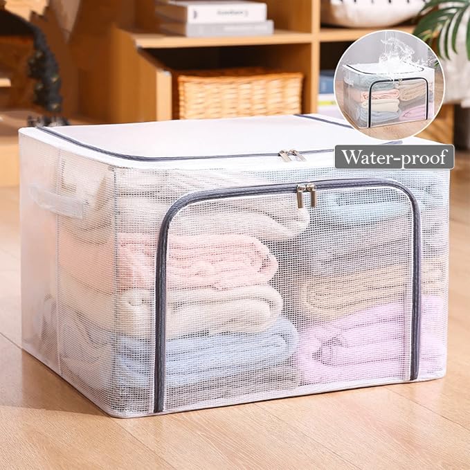 110L Large Foldable Storage Bins Organizer with Durable Handles, Metal Frame, for Clothing | Bed Sheets | Blanket | Comforters | Pillows | Toys, 3 Pack, Clear & Gray Zipper - Image 2