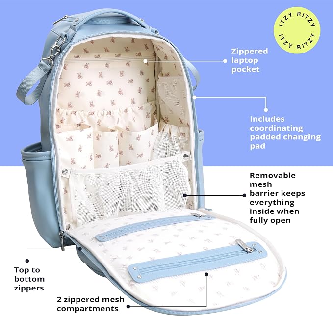 Itzy Ritzy Boss Plus Large Diaper Bag Backpack with 19 Pockets (Teddy Blue) | Includes 2 Insulated Bottle Pockets, Changing Pad, Stroller Clips, Comfortable Padded Straps, Easy-to Clean, Travel-Ready - Image 4