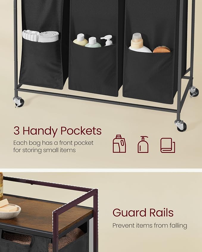 VASAGLE Laundry Sorter, 43.5 Gal. (165 L) Laundry Hamper Basket with 3 Compartments, Rolling Cart with Wheels, Shelf, Removable Bags, Pockets, Ink Black and Rustic Brown UBLH031B01 - Image 4