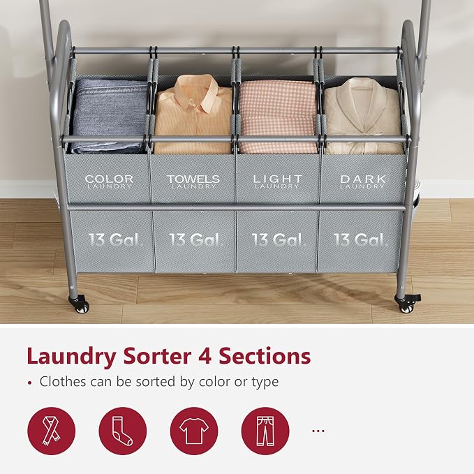 Laundry Sorter 4 Section, Laundry Basket with Hanging Rack, Gray | 196L Laundry Hamper with Hanging Rack and Heavy Duty Lockable Wheels, Rolling Laundry Cart for Bathroom, Bedroom, Home - Image 4