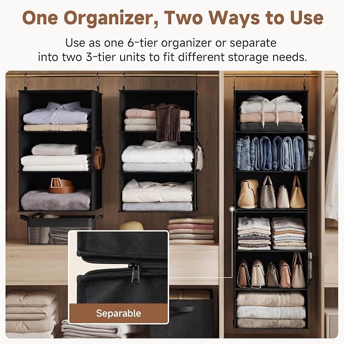 StorageWorks Hanging Closet Organizer 6-Shelf, Jumbo Separable Two 3 Shelf Closet Storage Organizer with Side Pockets, Portable Hanging Shelves for Wardrobe, RVs, 13 "D x 15 "W x 47 ¼"H, Black - Image 3