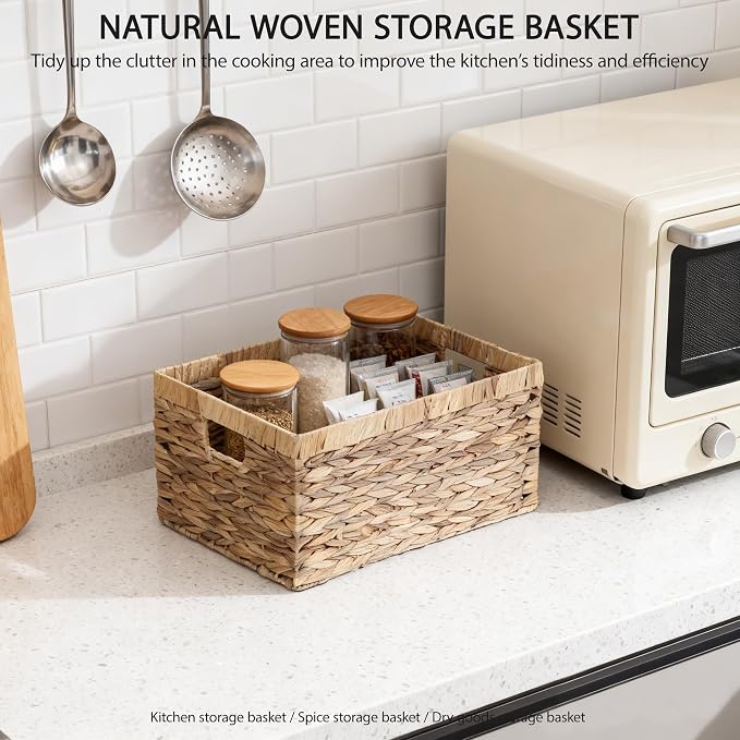 KINGWILLOW Woven Natural Water Hyacinth Rectangular Organizer Basket, Small | Rustic decor, with handles, brown‑tan tone, for shelves, bathroom, kitchen, entryway, office files, pet toys - Image 6
