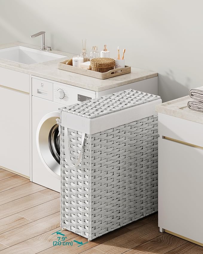 SONGMICS Slim Laundry Hamper with Lid, 14.5 Gallon (55L) Rattan Clothes Laundry Basket with Lid and Handles, Foldable, Removable Liner, Cloud White ULCB164W01 - Image 2