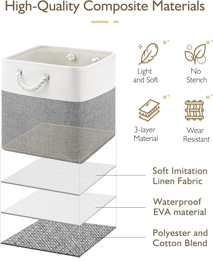 Patvingot 13-Inch Fabric Cube Storage Bins with Handles,4 Pack,Foldable | For cube shelves and closets,keeps grouped for everyday access,reinforced opening and fold-flat storage,white and gray - Image 3