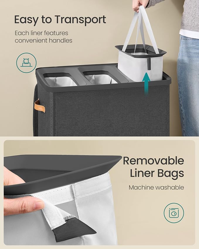 SONGMICS Laundry Basket, 50.2 Gal. Laundry Hamper, 3 Compartments, Easy Assembly, with Lid and Handles, Removable Liners, 25.2 x 15.7 x 29.5 Inches, Ink Black ULCB814BH01 - Image 5